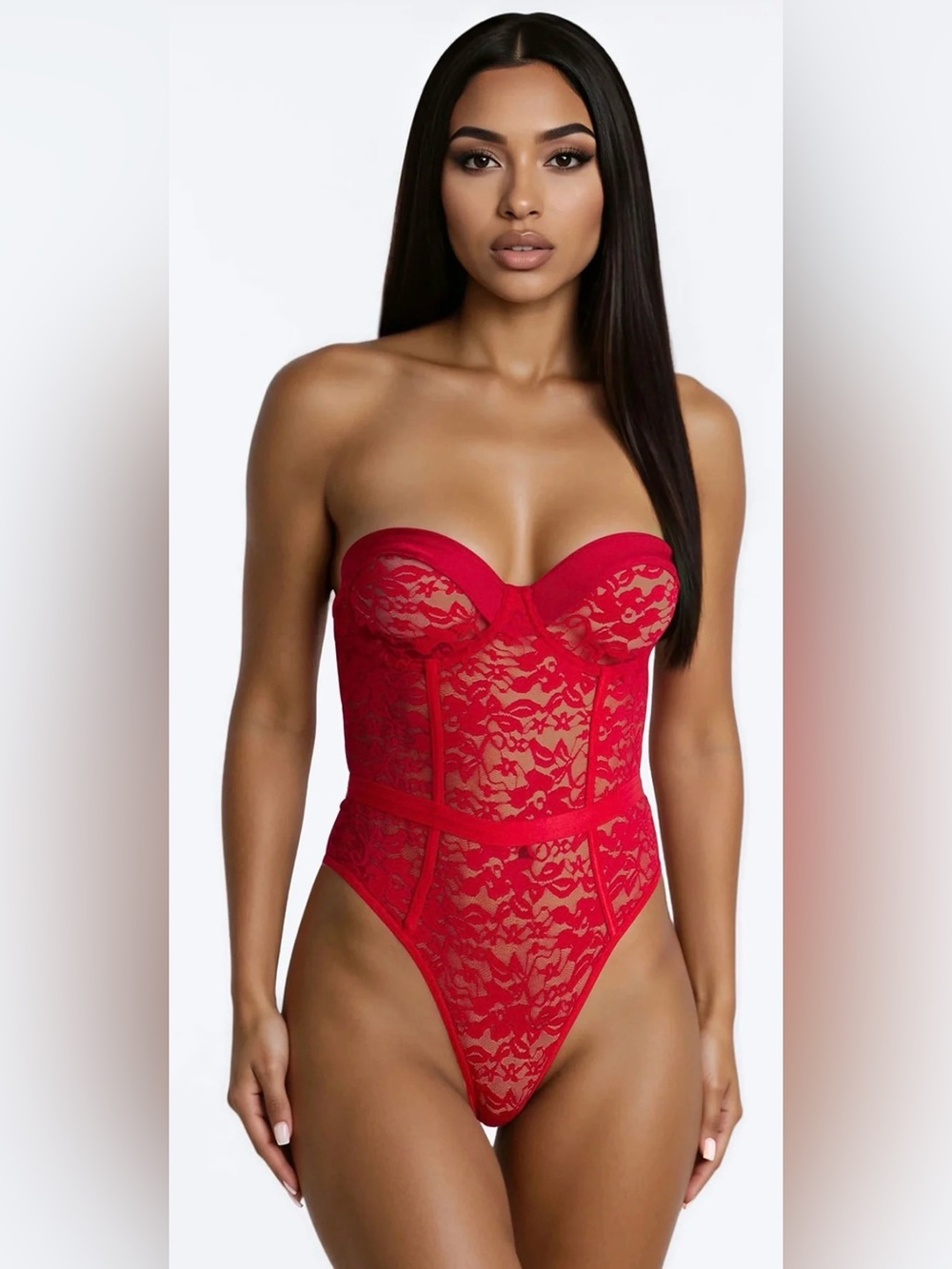Fashion Nova Red Lace Strapless Bustier Bodysuit